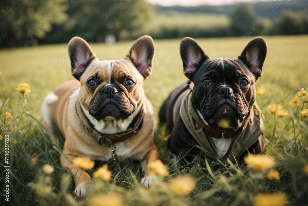 french bulldogs couple puppy sitting in a garden