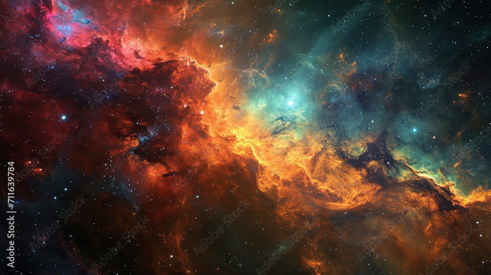 Glowing huge nebula with young stars. Space background.