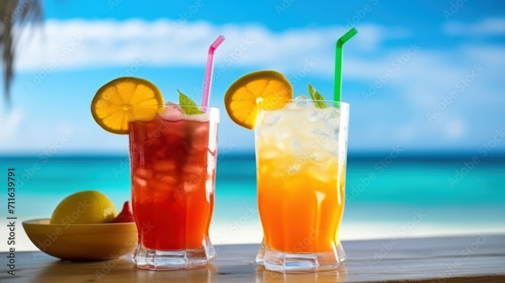 Tropical cocktails on beach table with sea in background. Summer vacation.