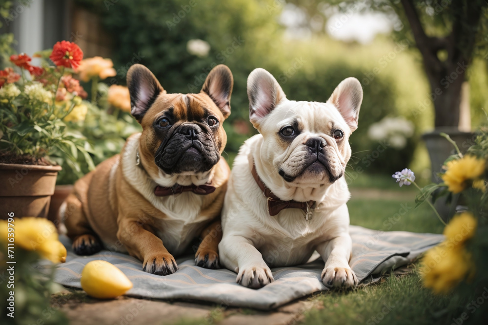 french bulldogs couple puppy sitting in a garden