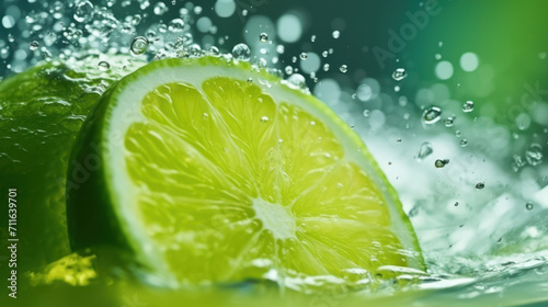 Lime slice in water soda background.