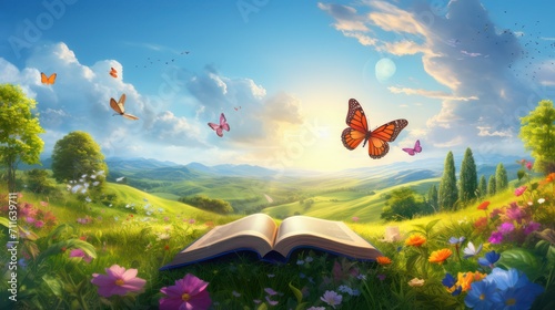 Sunny meadow in the morning, with an open book symbol of science and education, with butterflies on a sunny dayt themed preschool education. photo