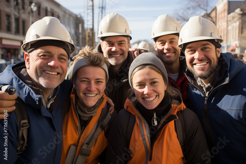 Group teamwork architects wearing safety uniforms and helmets, harmonious with hands for achievement together. builder and contractor development residential while a successful concept