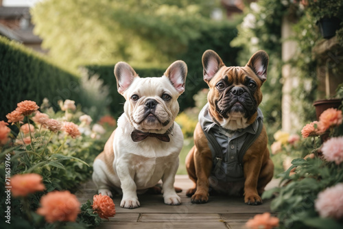 french bulldogs couple puppy sitting in a garden