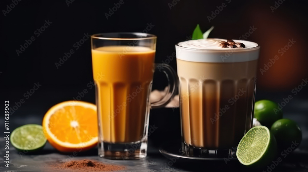 Latte, Americano, Orange juice, Lime tea served on dark background. Latte, Americano, Orange juice, Lime tea served on dark background.