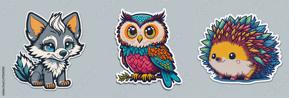 Forest animals colorful stickers, wolf, owl and hedgehog 
