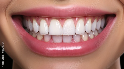 Close up view of smile, woman's teeth clean and neat, dentist poster background.