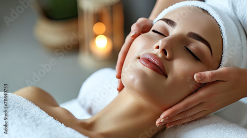 Beautiful woman in spa salon getting face massage treatment. Girl facial treatment. Skin care. Body care. photo