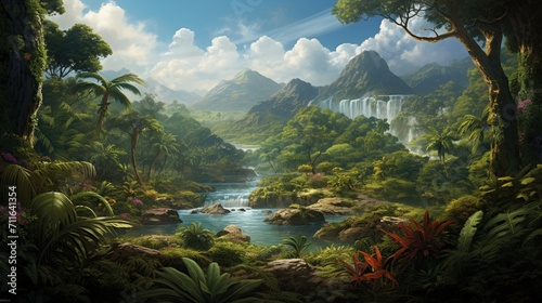 A daytime view of a tropical rainforest with lush vegetation and vibrant wildlife, portraying the rich biodiversity of a daytime jungle setting - Generative AI