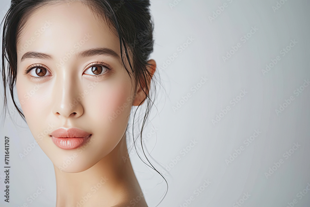 Obraz premium Beautiful young Asian woman with clean fresh skin on white background, Face care, Facial treatment, Cosmetology, beauty and spa, Asian women portrait.