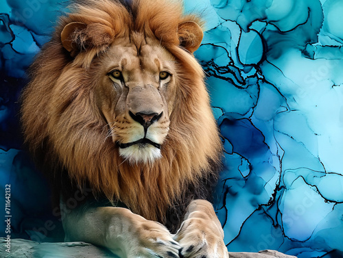 Portrait of a majestic lion on blue abstract background.