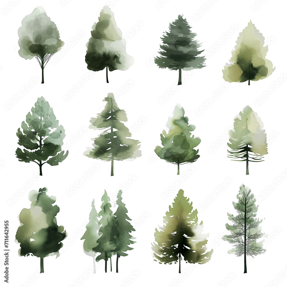 set of trees isolated on transparent background, watercolor png, landscape architecture - obrazy, fototapety, plakaty 