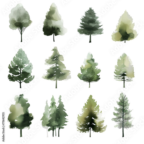 set of trees isolated on transparent background, watercolor png, landscape architecture