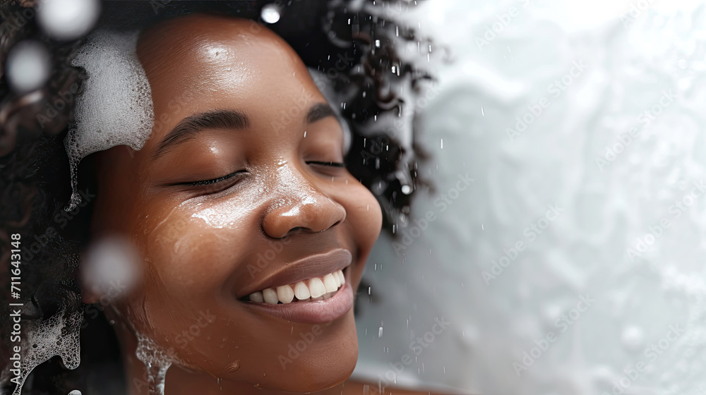 Close-up of smiling African woman taking a shower with gel or shampoo foam in bathroom Close-up of smiling African woman taking a shower with gel or shampoo foam in bathroom