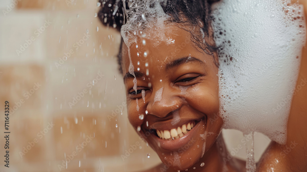 Close-up of smiling African woman taking a shower with gel or shampoo foam in bathroom - obrazy, fototapety, plakaty 