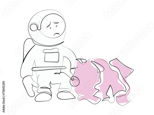 hand drawn line drawing astronaut sit slump next to a large, destroyed big piggy bank. There is no financing of space expeditions. Failed mission. Cosmonaut