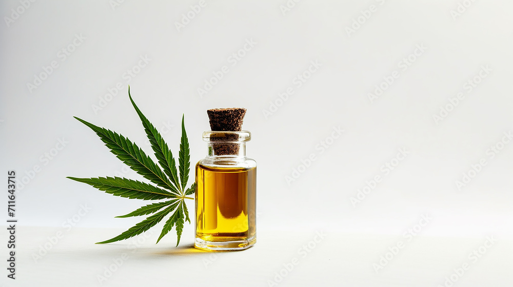 CBD cannabis oil bottle isolated on white horizontal background with copy space CBD cannabis oil bottle isolated on white horizontal background with copy space