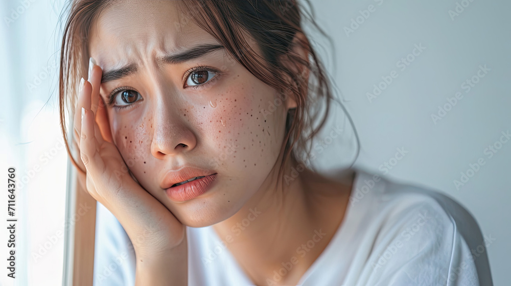Dermatology, expression face worry asian young woman looking mirror hand touch facial at dark spot of melasma, freckles from pigment melanin, allergy sun. Beauty care, skin problem treatment, skincare Dermatology, expression face worry asian young woman looking mirror hand touch facial at dark spot of melasma, freckles from pigment melanin, allergy sun. Beauty care, skin problem treatment, skincare