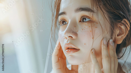 Dermatology, expression face worry asian young woman looking mirror hand touch facial at dark spot of melasma, freckles from pigment melanin, allergy sun. Beauty care, skin problem treatment, skincare photo