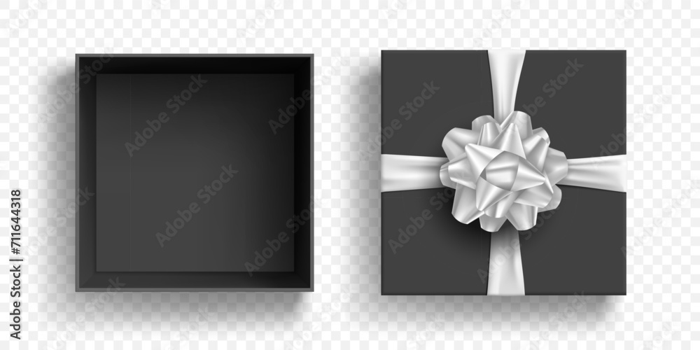 Open gift box mockup with bow and ribbon. Vector template isolated on transparent background. Open gift box mockup with bow and ribbon. Vector template isolated on transparent background.