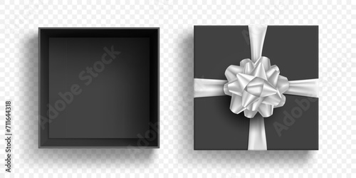 Open gift box mockup with bow and ribbon. Vector template isolated on transparent background.