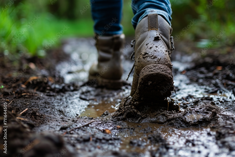 Close-up of a person's feet walking on muddy ground. Suitable for outdoor adventures or nature-themed projects Close-up of a person's feet walking on muddy ground. Suitable for outdoor adventures or nature-themed projects
