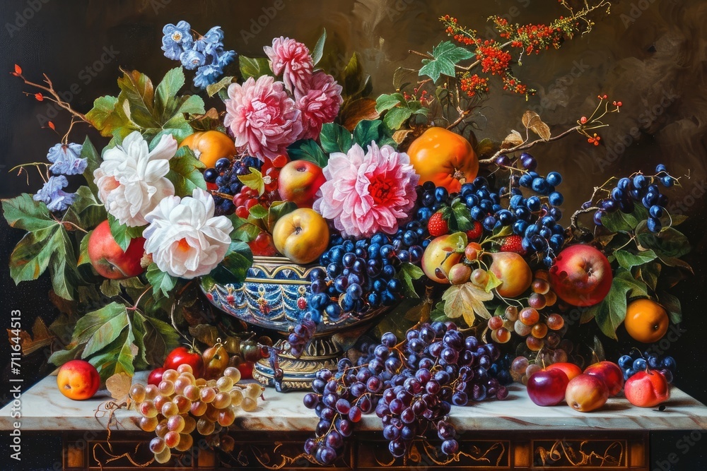realistic still life painting of flowers and fruits in a porcelain bowl on a marble table realistic still life painting of flowers and fruits in a porcelain bowl on a marble table