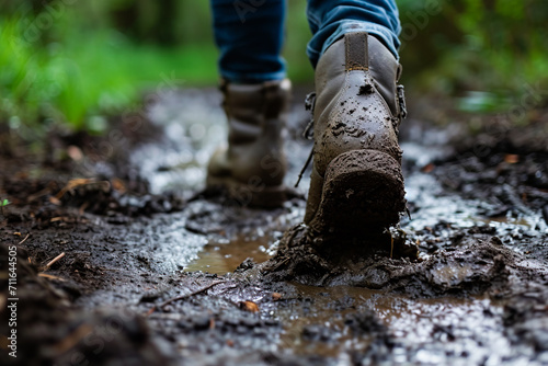 Close-up of a person's feet walking on muddy ground. Suitable for outdoor adventures or nature-themed projects