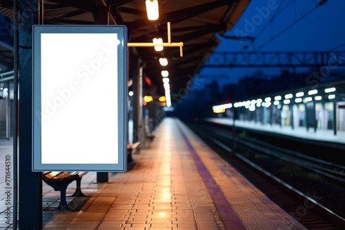 Mock-up of a white billboard with digital signage at the railway station in the evening