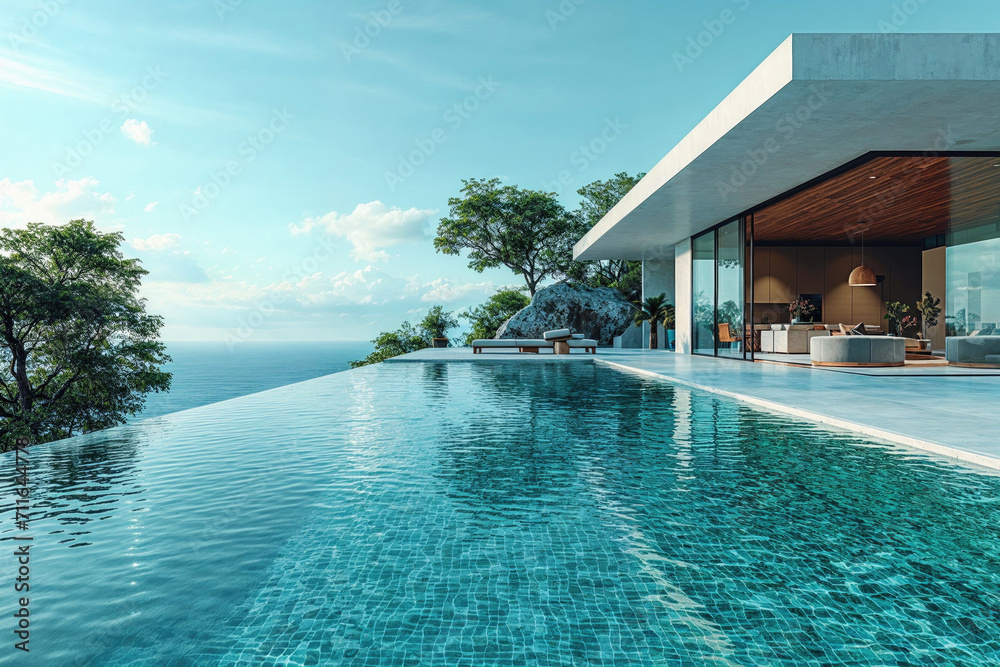 Fototapeta premium Modern and minimalist luxury house with swimming pool by the sea