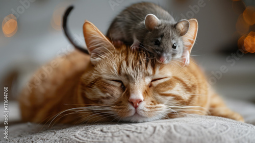 The mouse is sitting on the cat's head. photo