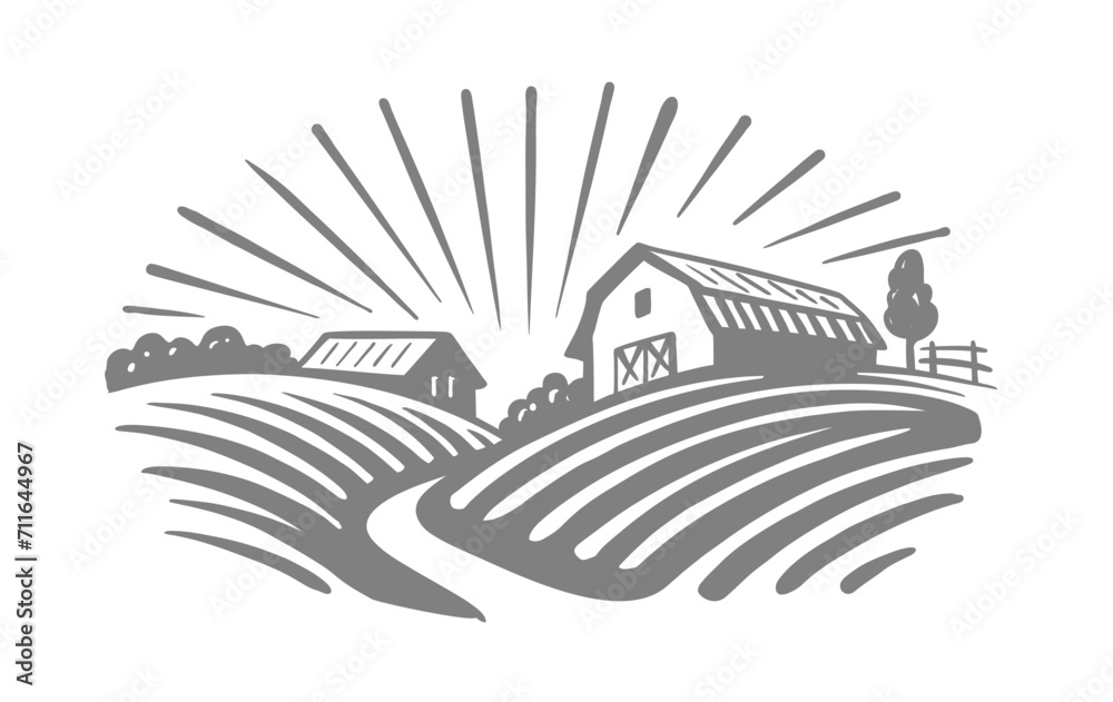 Farm House vector logo template. Retro landscape