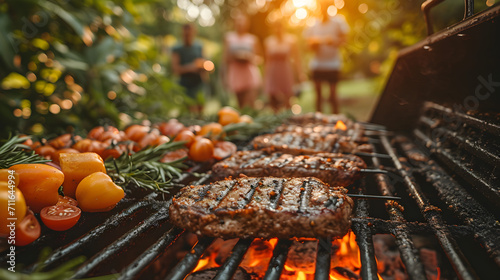 Delicious barbecue of grilled meat and vegetables and a family in the blurred background in spring outdoors.