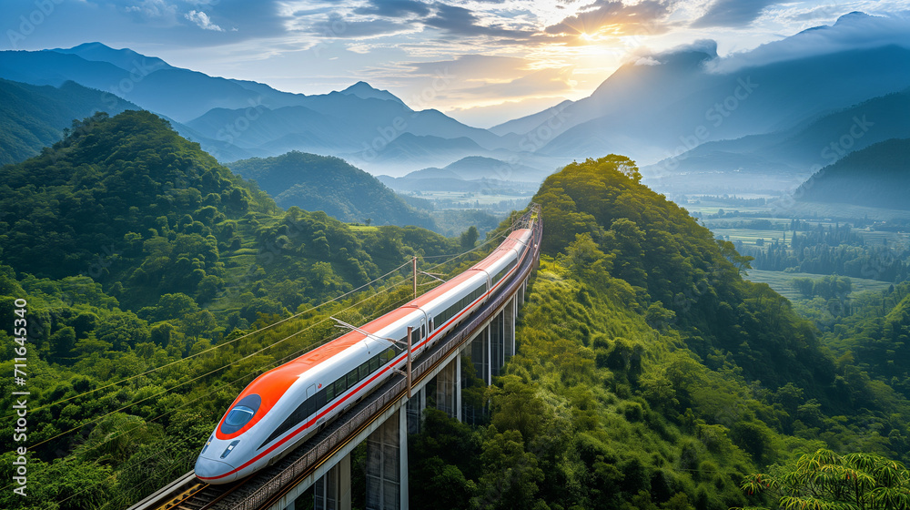 High-speed bullet train crossing a scenic landscape --ar 16:9 --v 6.0 - obrazy, fototapety, plakaty 