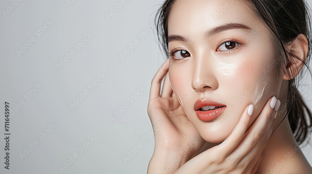 High-quality crop photo of skincare and cosmetics concept with copy space for text. Woman with beautiful face touching healthy facial skin portrait. Beautiful happy Asian girl model with natural High-quality crop photo of skincare and cosmetics concept with copy space for text. Woman with beautiful face touching healthy facial skin portrait. Beautiful happy Asian girl model with natural