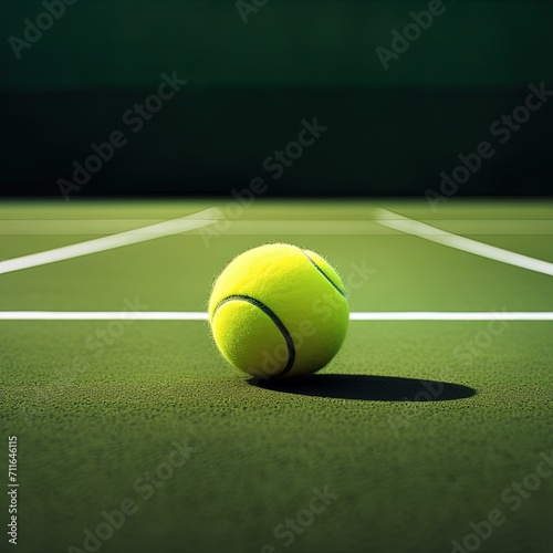 Yellow tennis ball lying on the tennis court in the sunlight flare. Victory achievement concept  © DMM