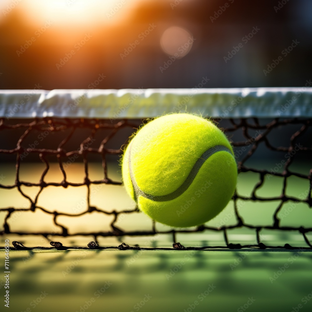 Yellow tennis ball lying on the tennis court in the sunlight flare. Victory achievement concept
