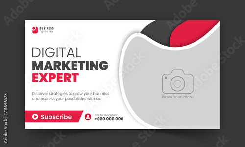 Corporate creative YouTube thumbnail and social media cover design, digital marketing agency live video streaming for business promotion on abstract red colorful shapes and white background