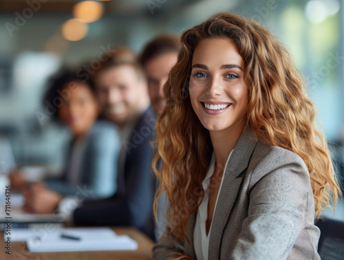 Smiling Woman Sitting at Table in Front of Group of People