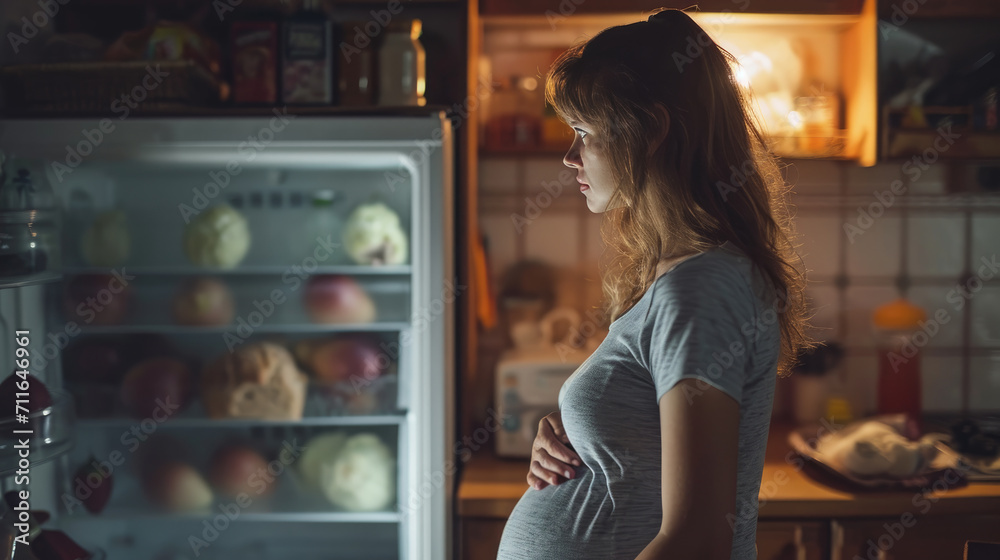 A hungry pregnant woman looks into the refrigerator at night. - obrazy, fototapety, plakaty 