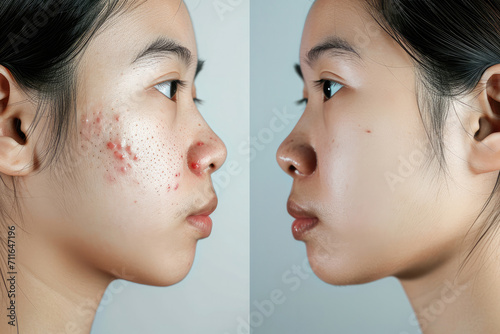 Image before and after spot red scar acne pimples treatment on face asian woman. Problem skincare and beauty concept.