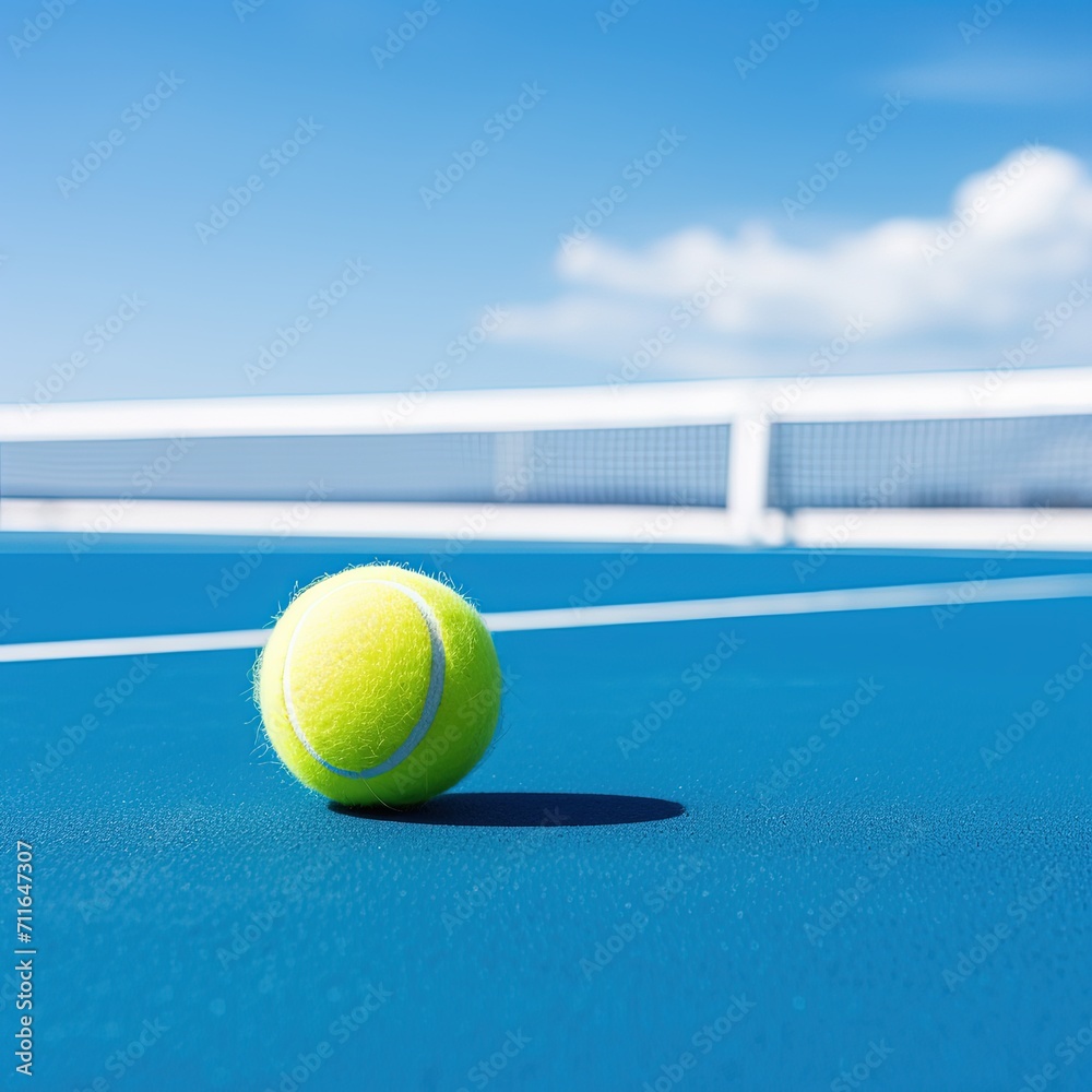 Close up of tennis equipment on the court. Sport, recreation concept. Yellow tennis balls in motion on a clay green blue court next to the white line with copy space, soft focus and net in background.