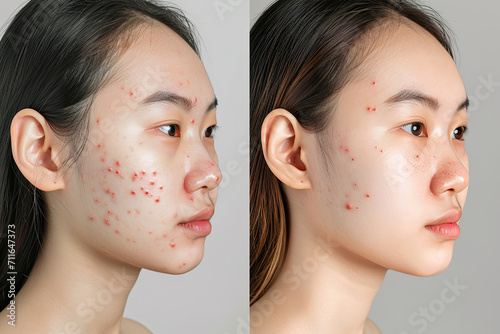 Image before and after spot red scar acne pimples treatment on face asian woman. Problem skincare and beauty concept. photo