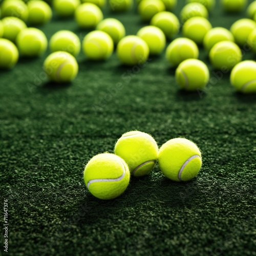 Close up of tennis equipment on the court. Sport, recreation concept. Yellow tennis balls in motion on a clay green blue court next to the white line with copy space, soft focus and net in background. © DMM