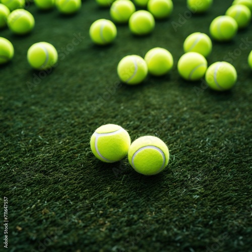 Close up of tennis equipment on the court. Sport, recreation concept. Yellow tennis balls in motion on a clay green blue court next to the white line with copy space, soft focus and net in background. © DMM