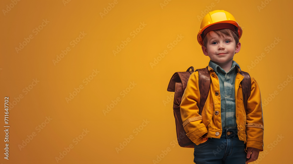 Portrait of cute child builder wear a helme and work wear Portrait of cute child builder wear a helme and work wear
