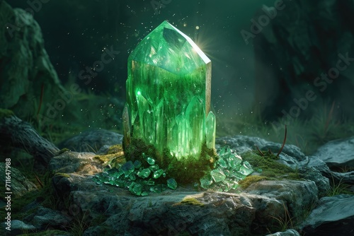 large glowing green crystal embedded in rocks surrounded by moss in a mystical forest setting