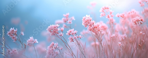 Soft gently wind grass flowers in aesthetic nature of early morning misty sky background.