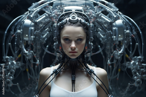 Close up portrait of woman's android head robot with part of skin and metal on a face on dark background. Concept of cyborg technology