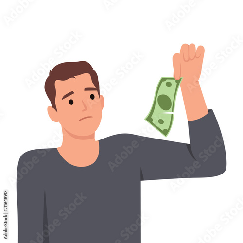 Young man holding ripped money, Broken cash. Man tearing apart money bill in half. Flat vector illustration isolated on white background
